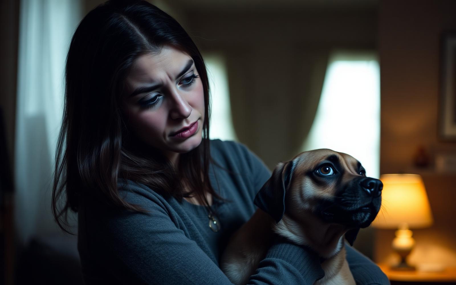 Tutora abraçando seu cachorro em casa