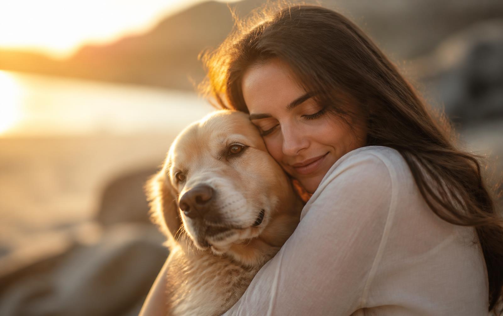 Tutora abraçando seu cachorro ao entardecer