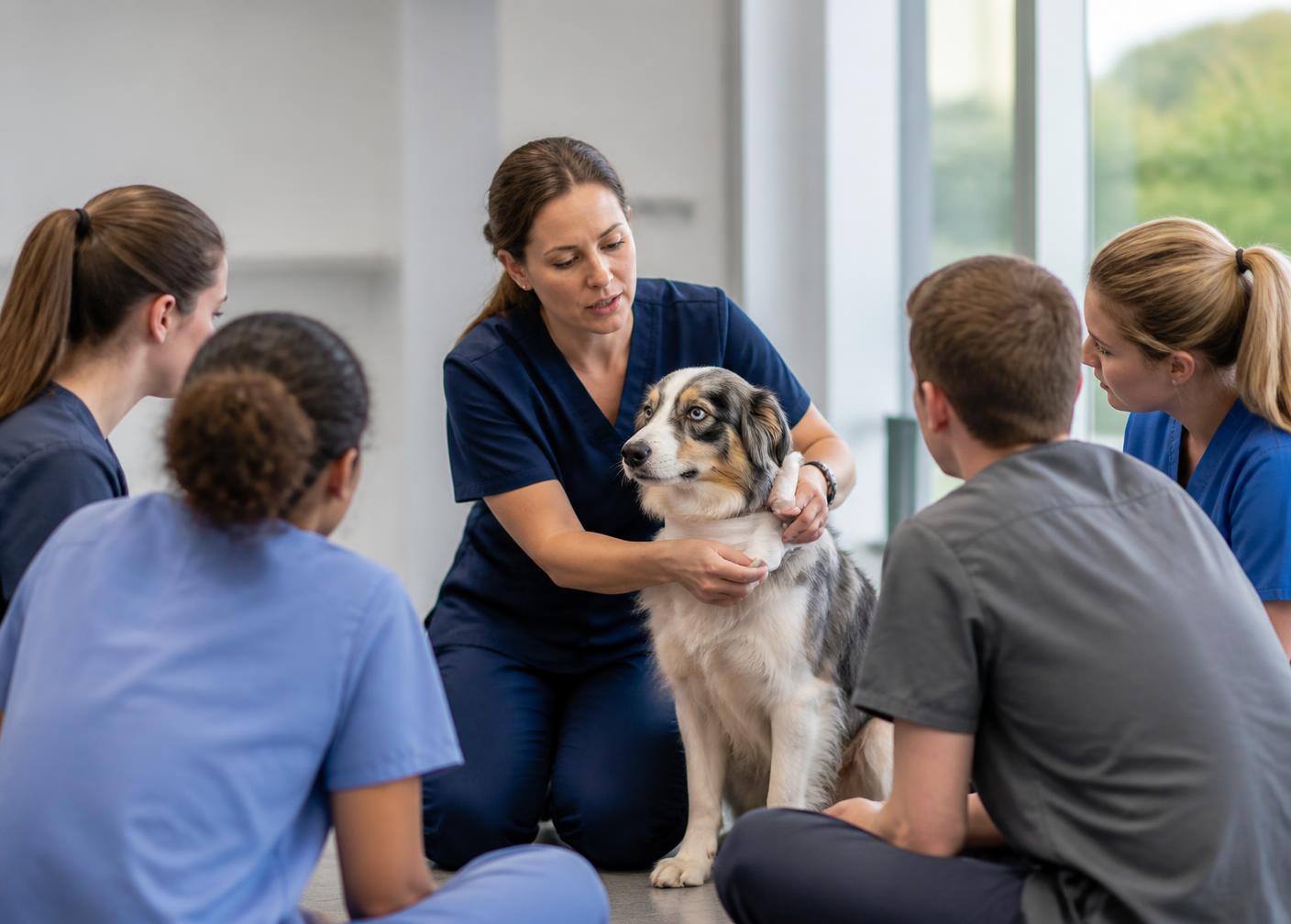 Instrutora veterinária demonstrando uma técnica de primeiros socorros com um cão calmo