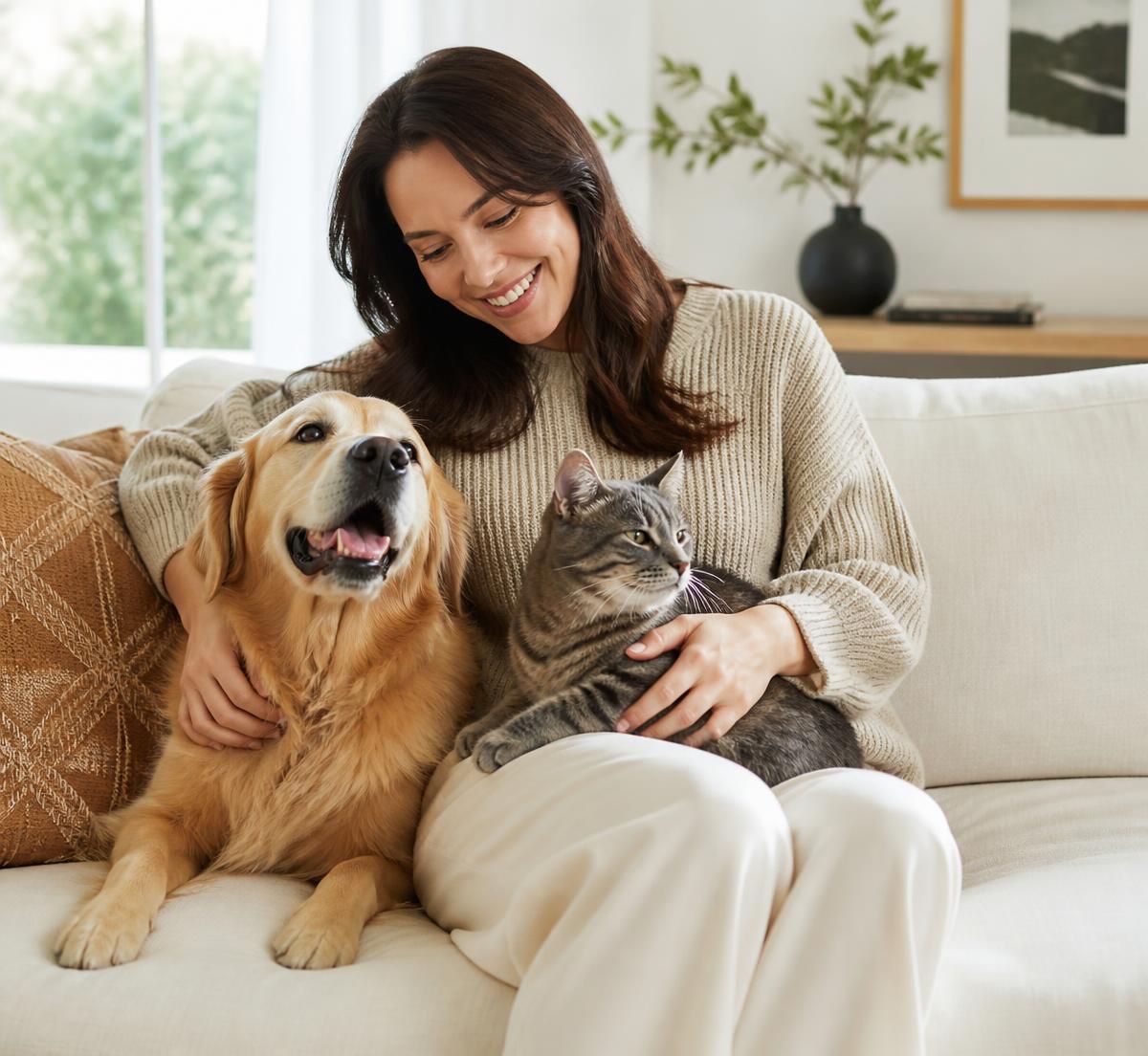 Tutora no sofá com seu cachorro e seu gato