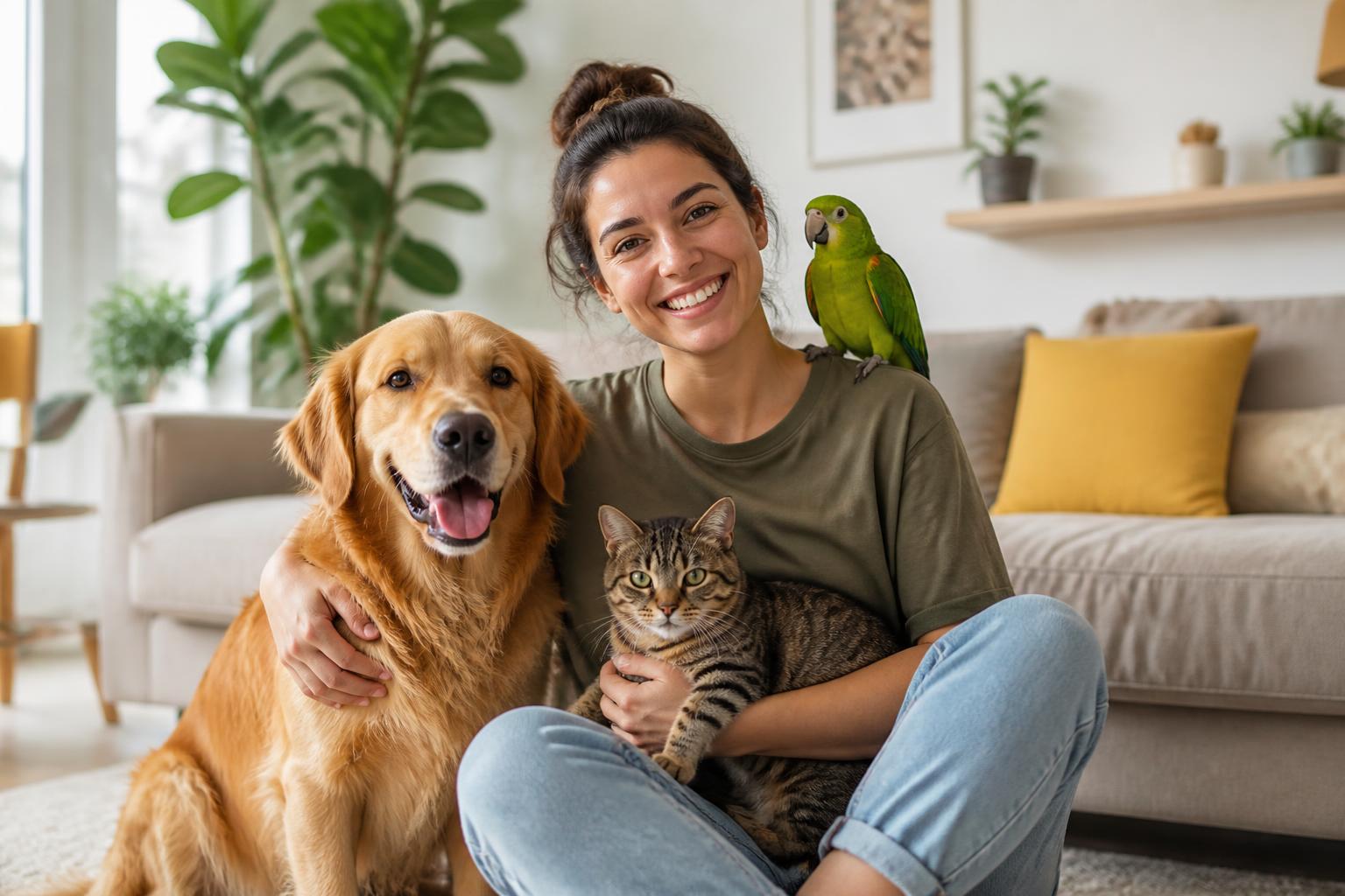 Tutora sorrindo com um cachorro, um gato e um papagaio