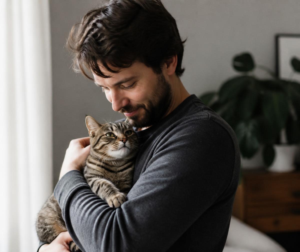 Tutor abraçando seu gato com carinho